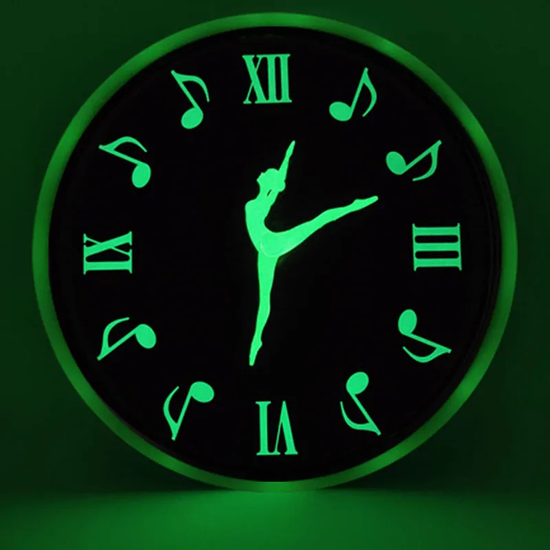 

12 Inch Dancing Notes Luminous Wall Clock Glow In The Dark for Bedroom Living Room Hanging Clock Modern Mute Home Decoration