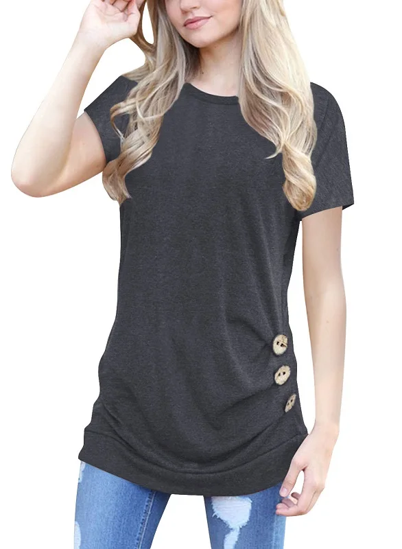 Весна Лето модная повседневная женская футболка с круглым вырезом с коротким рукавом с пуговицами длинная рубашка большие размеры женская одежда женские топы - Цвет: AM136 black gray