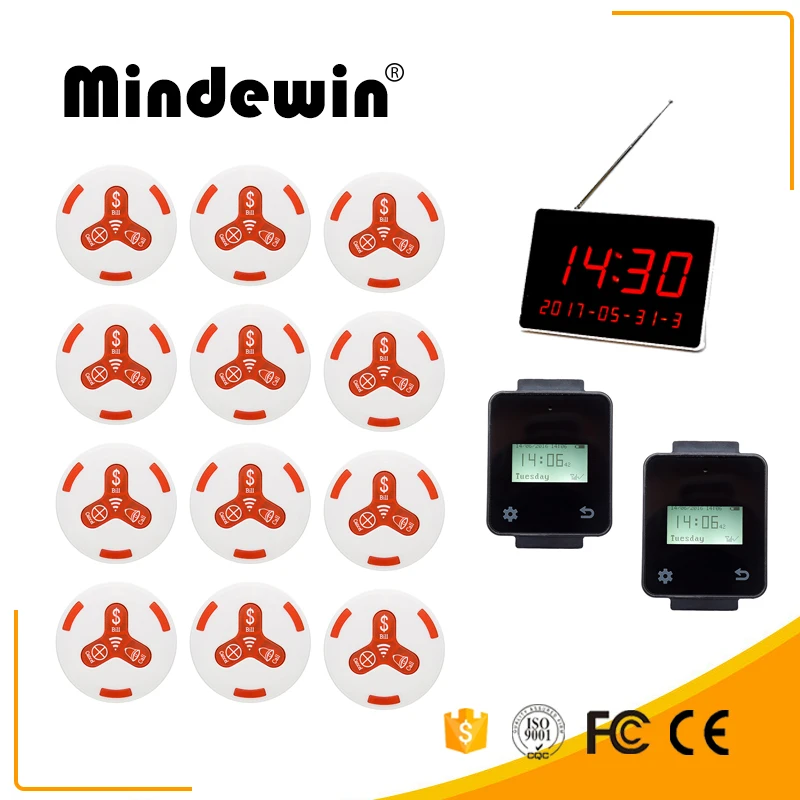 

Mindewin Wireless Calling Paging System 2 Touch Watch Receiver +1 LED Display +12 White Call Button For Restaurant & Fast Food