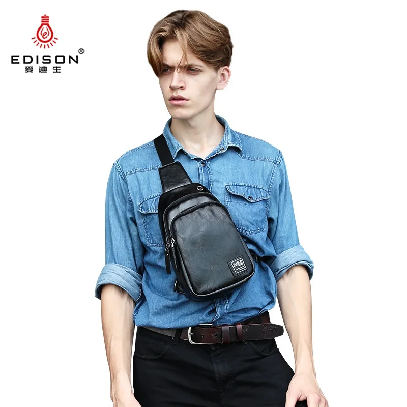 

Edison Men's Chest Bag Casual Sports Shoulder Bag PU Leather Fashion Trend Travel Small Messenger Bag