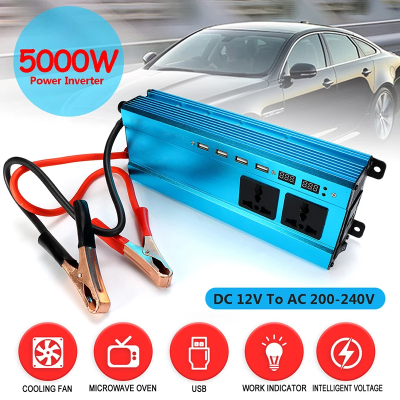 

5000W Car Solar Power Inverter DC 12/24V to AC 220V 4 USB Sine Wave Converter Aluminum alloy Universal Plug Blue