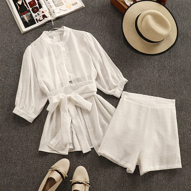 

Women Summer Solid 3 piece Sets belted Shirts+Strapless Tops+Shorts Suits