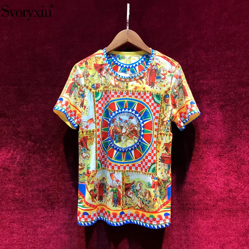 

Svoryxiu Summer Women's Cotton T-shirt High Quality Runway Baroque Printing Diamond Vintage Women Top T-shirt