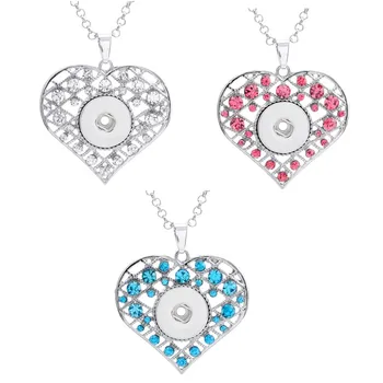 

Fashion Metal 18mm Snap Buttons Rhinestone Heart Long Necklace Jewelry 12pcs/lot Mix Colors