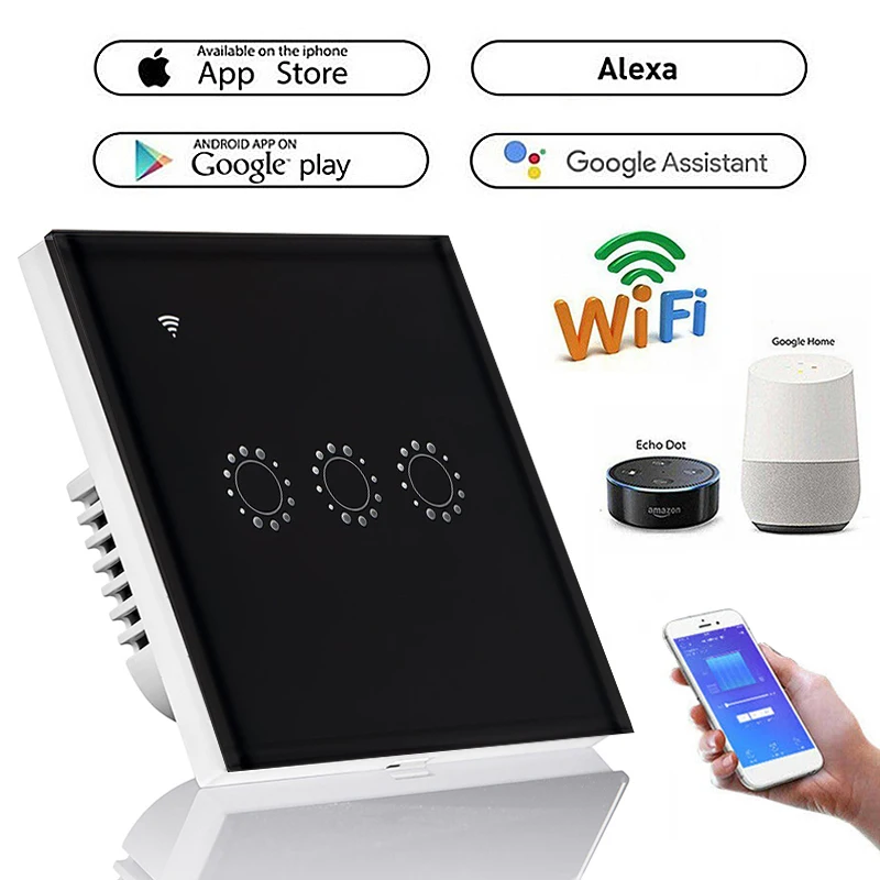 Великобритания/ЕС стандартный интеллигентая (ый) Wi-Fi Сенсорный настенный выключатель smart работать с Alexa Google Home 110 V/220 V/240 V 3-gang умный
