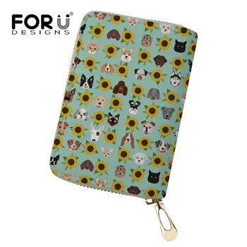 

FORUDESIGN Dogs and Cats Heads Sunflower Florals Pet Credit Card Holder Protection Cover Leather Wallet ID Storage Free Custom