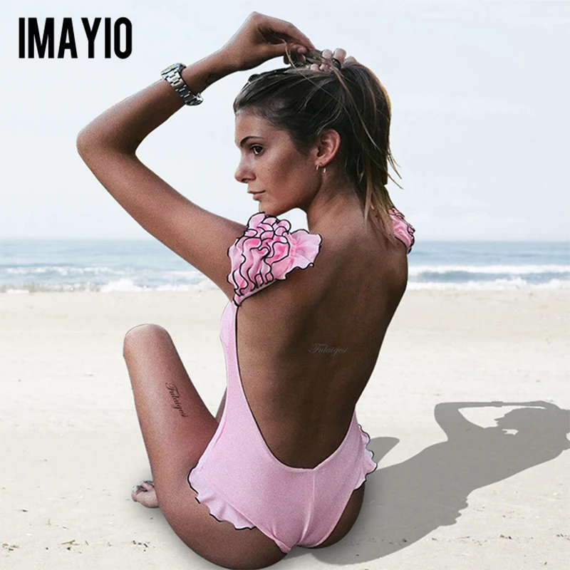 

Imayio one piece swimwear White Backless Ruffle Women 3D Flower swimsuit 2019 bathing suit Stretch Bodysuit