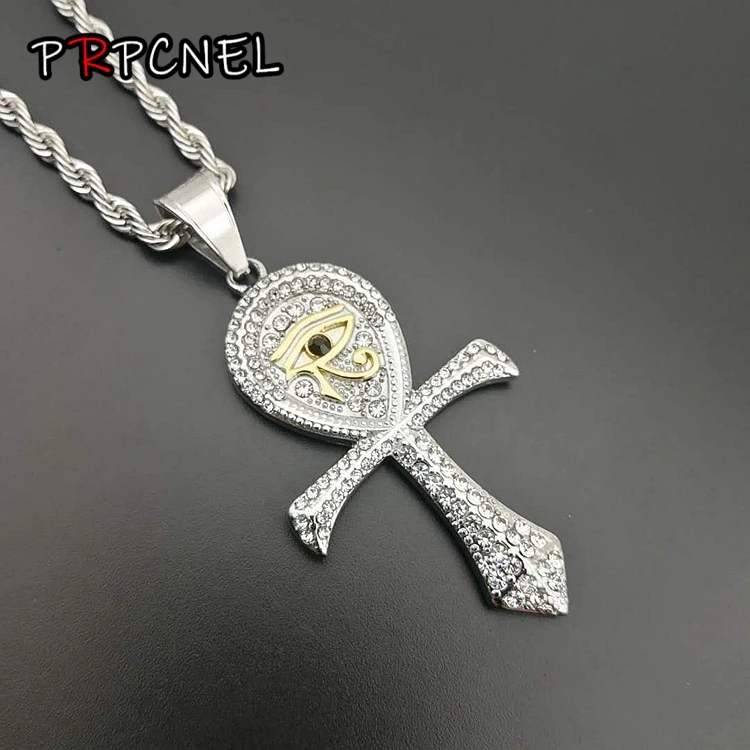 

Hip Hop Gold Color Egyptian Eye of Horus Cross Ankh Necklaces Pendant With Rope Chain 316L Stainless Steel Rhinestone Jewelry