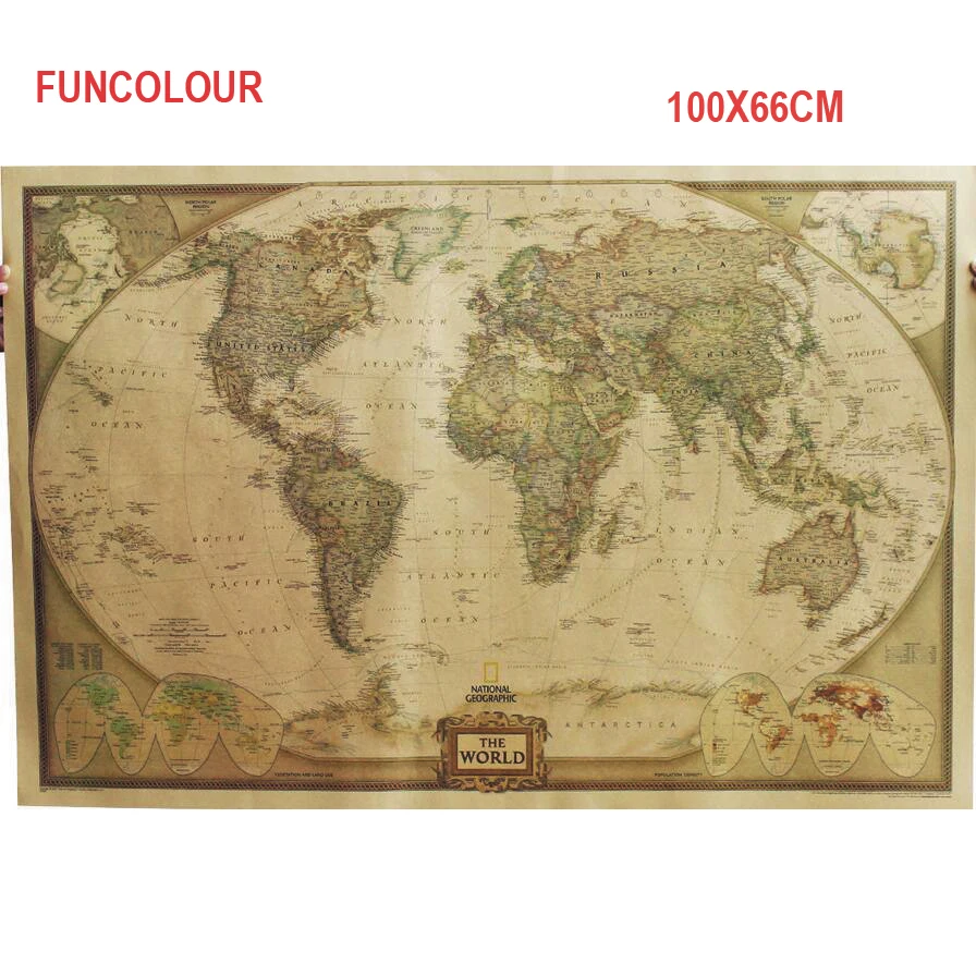 

100*66cm Map of the world English vintage style kraft paper map old color POSTER