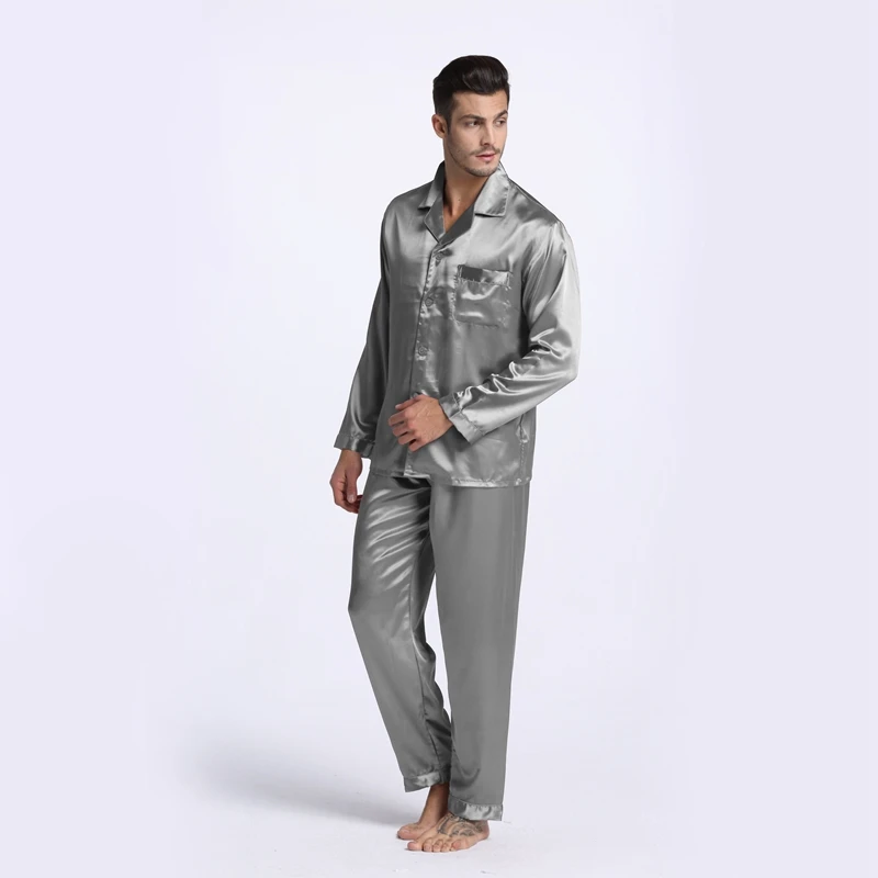 Tony& Candice Мужская шелковая пижама, набор мужских пижам, шелковая пижама, Мужская сексуальная Современная стильная мягкая уютная атласная ночная рубашка, мужская летняя - Цвет: Серый