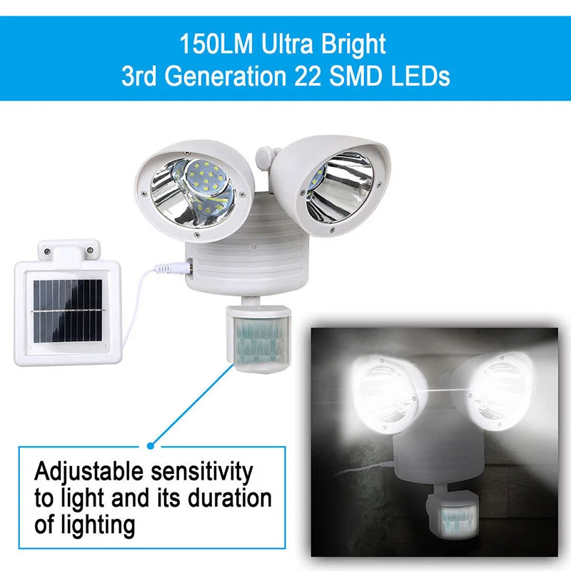 

Newly 22 LED Double-Headed Solar Light Motion Body Sensor Security Wall Lamp Outdoor Garden Spotlight XSD88