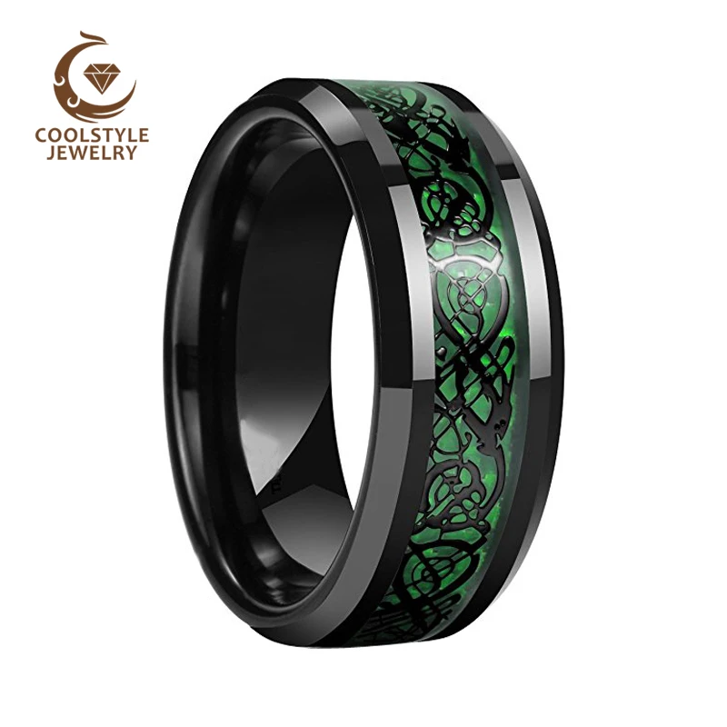 

8mm Black Ceramic Ring Black Dragon Inlay Over Green Carbon Fiber Wedding Band Engagement Ring Comfort Fit