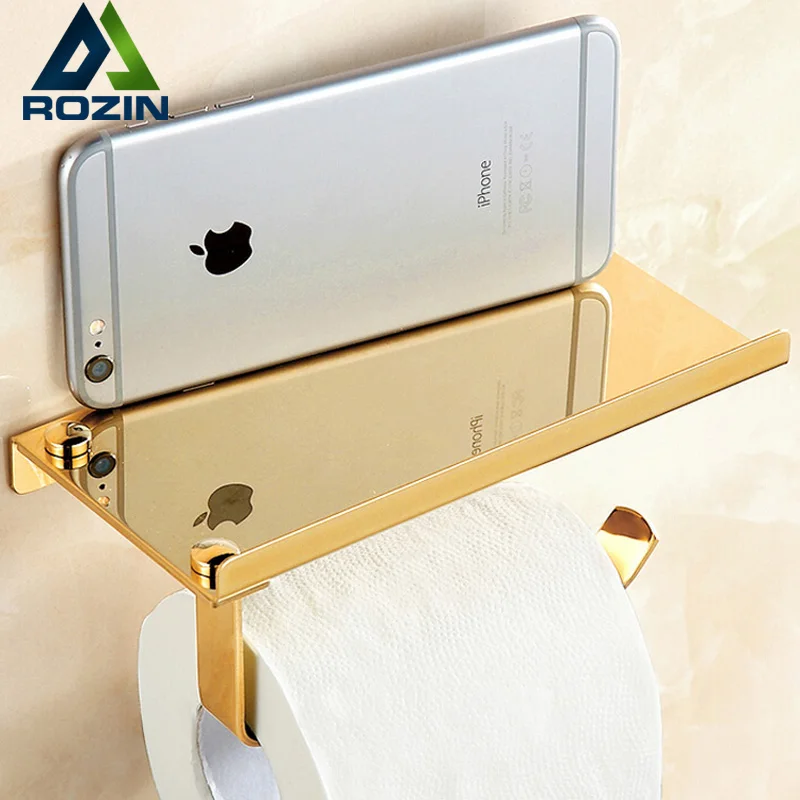 

Bathroom Lavatory Toilet Paper Holder and Dispenser Golden Roll Paper Rack Mobile Shelf Free Shipping