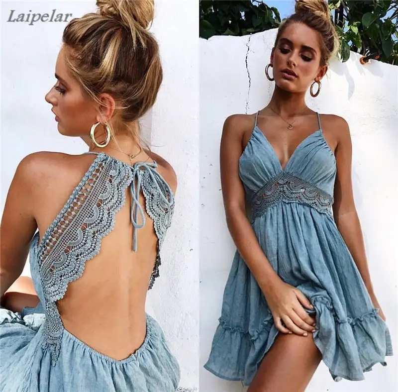 

Womens Dresses New Arrival 2018 Summer Lace Sexy Club Spaghetti Strap Backless Party Dress Elegant Bohemian Beach Sundress