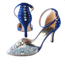 Handmade pointed toe D’orsay ankle strap woman high heels sexy rhinestone crystal pumps dress shoes blue wedding party prom