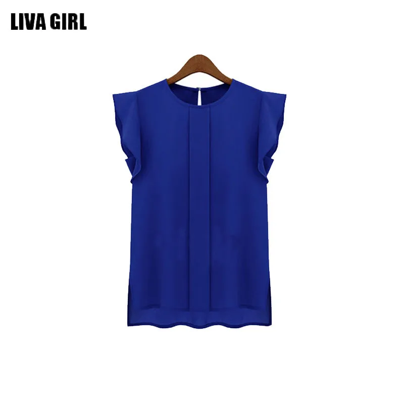 

Lady Chiffon short Flying sleeve Blouse Tops Ruffle Vest Crew O Neck Loose Summer solid Office lady Blouse