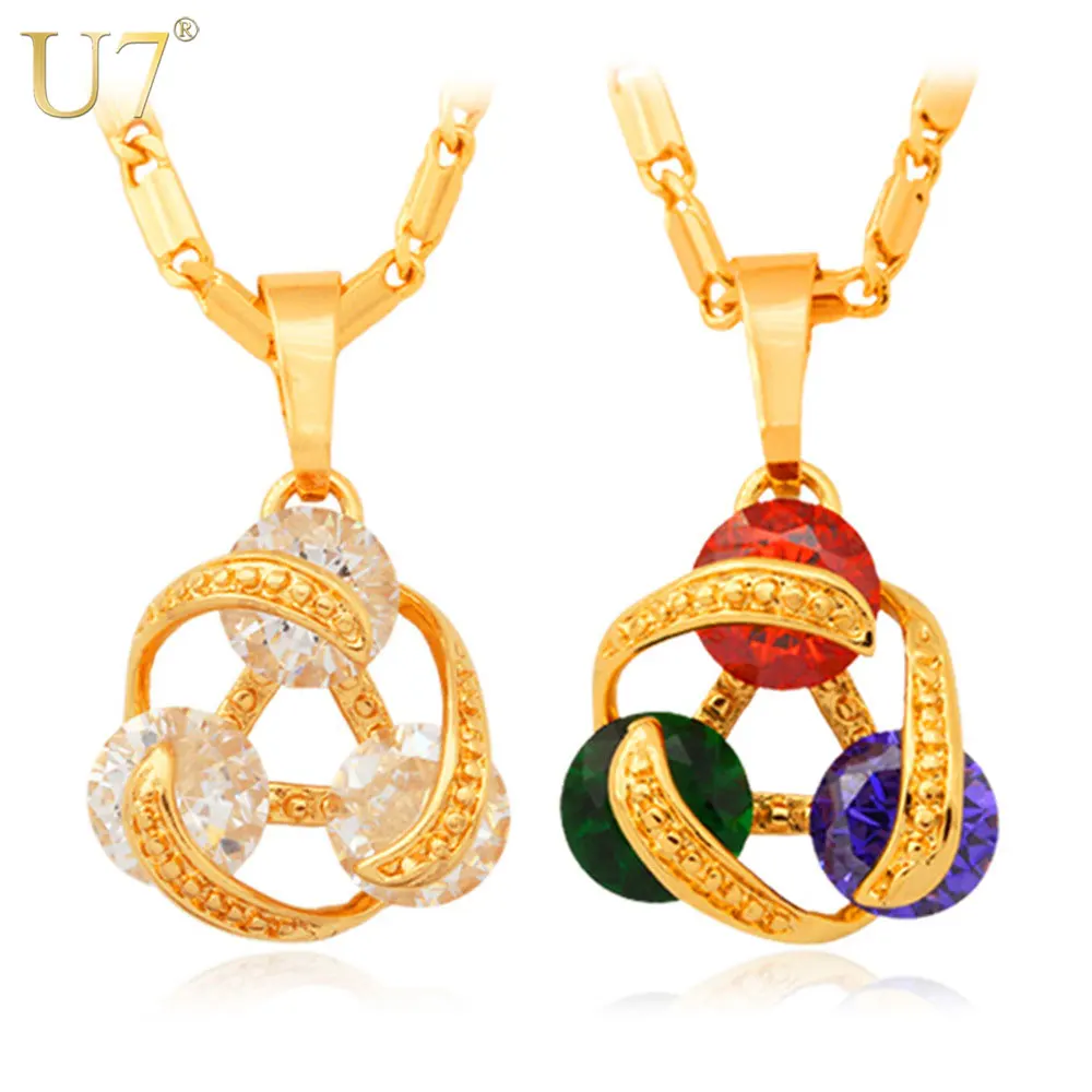 

U7 Triple Big AAA Zircon Ribbon Triangle Necklace Jewelry 18K Gold Color Colorful Clear Zirconia Necklace