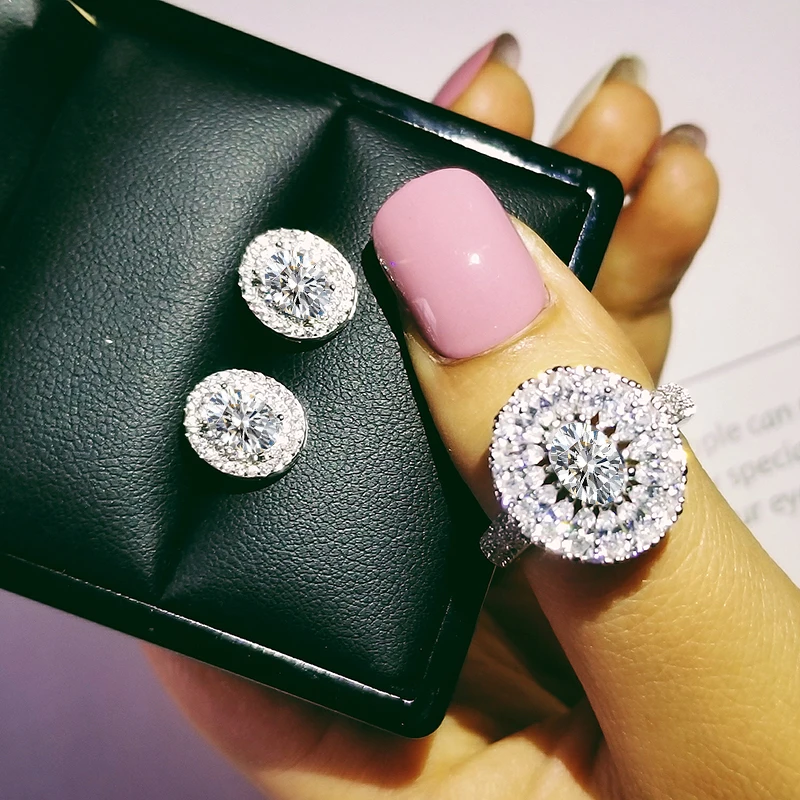 

925 Sterling Silver Jewelry set halo Engagement ring round stud earring for Wedding christmas Valentine's Day gift party J4942