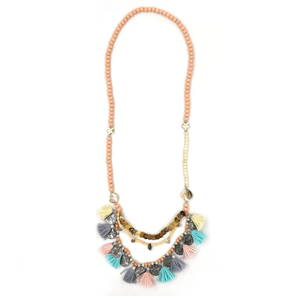 New Bohemia Boho Wooden Beaded Necklaces Tibet Antique Silver Coin Tassel Pendant Necklace Multi-Layer Statement Necklaces