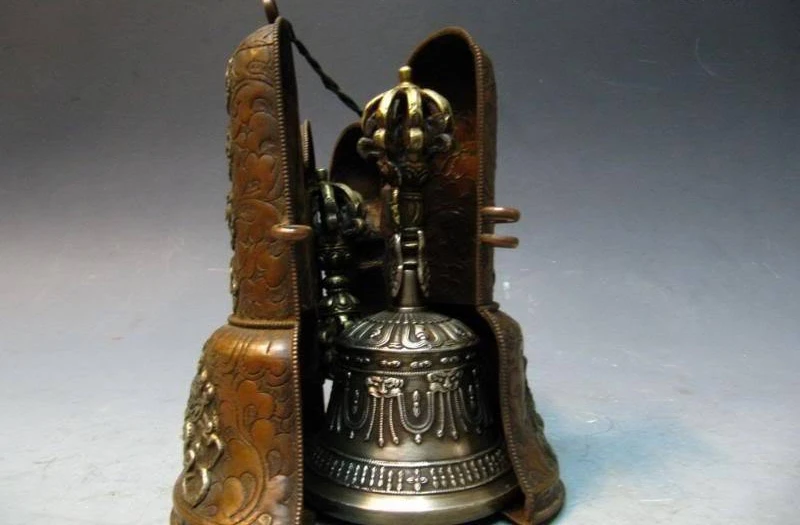 

8"Tibet Buddhism Bronze Ghanta and Vajra Vajrakila timepiece ring Bell Set