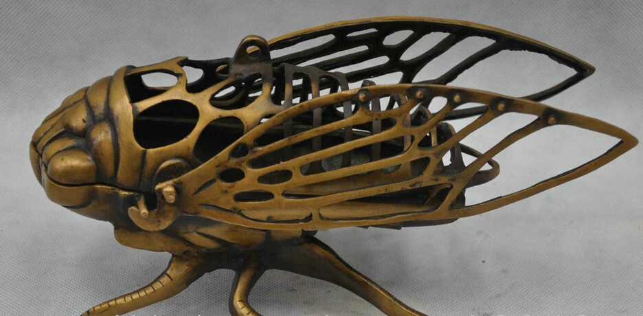 

shitou 003273 10" Chinese Bronze Copper Cicada Statue Pierced Hollow Incense Burner Censer