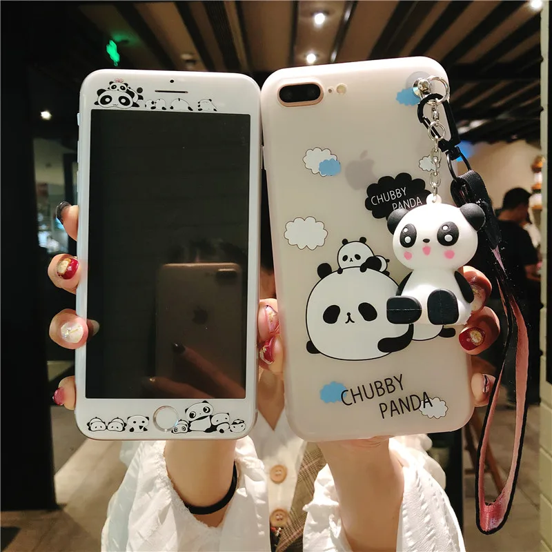 

For iphone 8 /7 plus soft case + tempered glass half clear panda back Cover for iPhone 7 6s Plus screen film +toy holder +strap