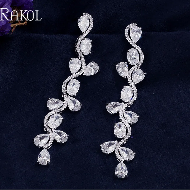 

RAKOL Pretty Elegant Wavy Shape White Clear And Bright Red Color Crystal Finest Bridal Wedding Drop Earrings For Women