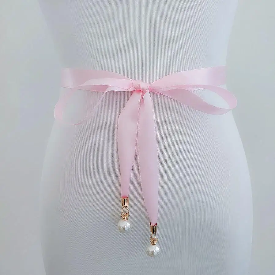 Модные жемчужные атласные пояса для Вечерние вечернее платье пояс полиэстер невесты лента для подружки невесты Свадебная лента ремни для девочек - Цвет: Pink