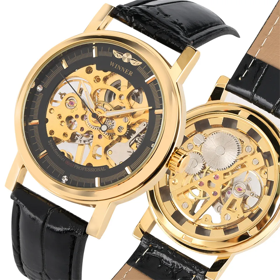 

Mechanical Skeleton Watch Men Hand Winding Mens Watches Steampunk Transparent Leather Band Wrist Watch Clock Gift Drop Shipping