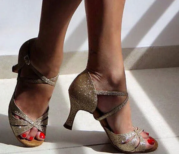 Free Shipping Wholesale Gold Glitter Latin font b Salsa b font Ballroom Dance font b Shoes