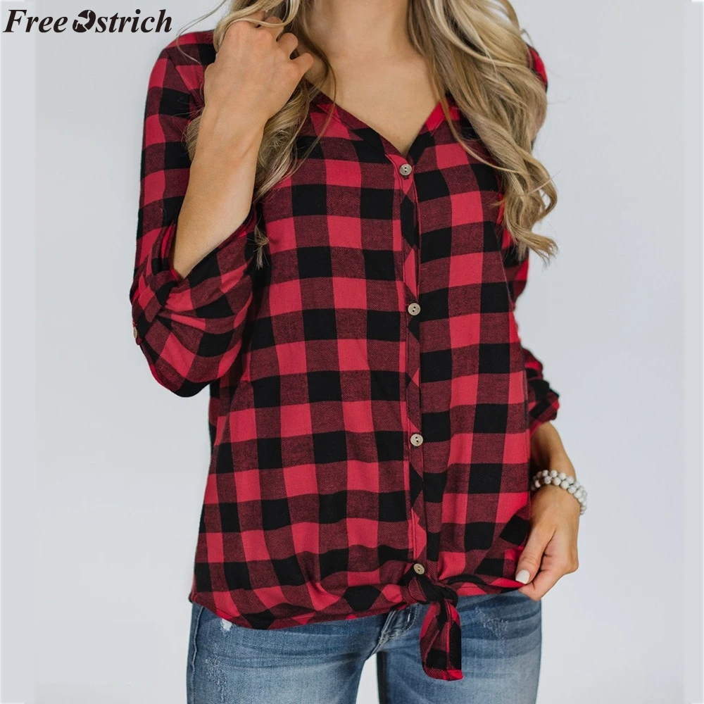 FREE OSTRICH Women New Arrival Classic Fashion Blouse Plaid V-neck Loose Female Casual Button Ladies Shirt Knotted Plus Size Top