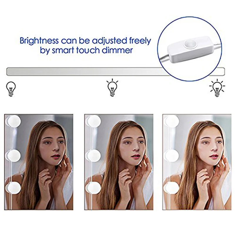 EU US Plug Makeup Mirror Hollywood Vanity LED Bulb Stepless Dimmable Touch Plug In Wall Lamps 10 Bulb DIY White Light Waterproof (6)