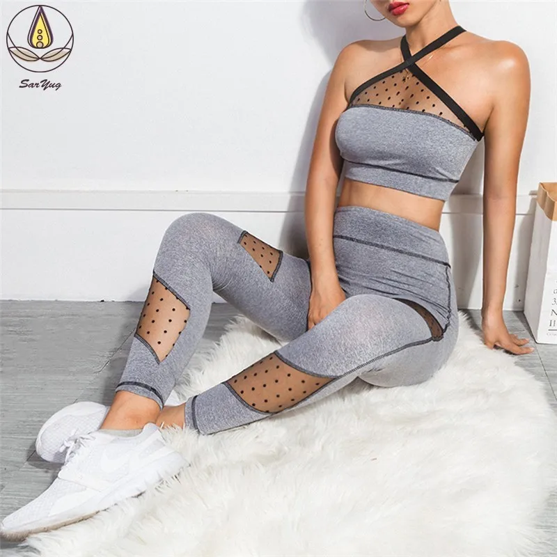 

Women Sexy Patchwork Mesh Sport Clothes 2 PCS Yoga Set Seamless Yoga Top Lift Up Leggings Running Pants T-shirts Sportwear Girl