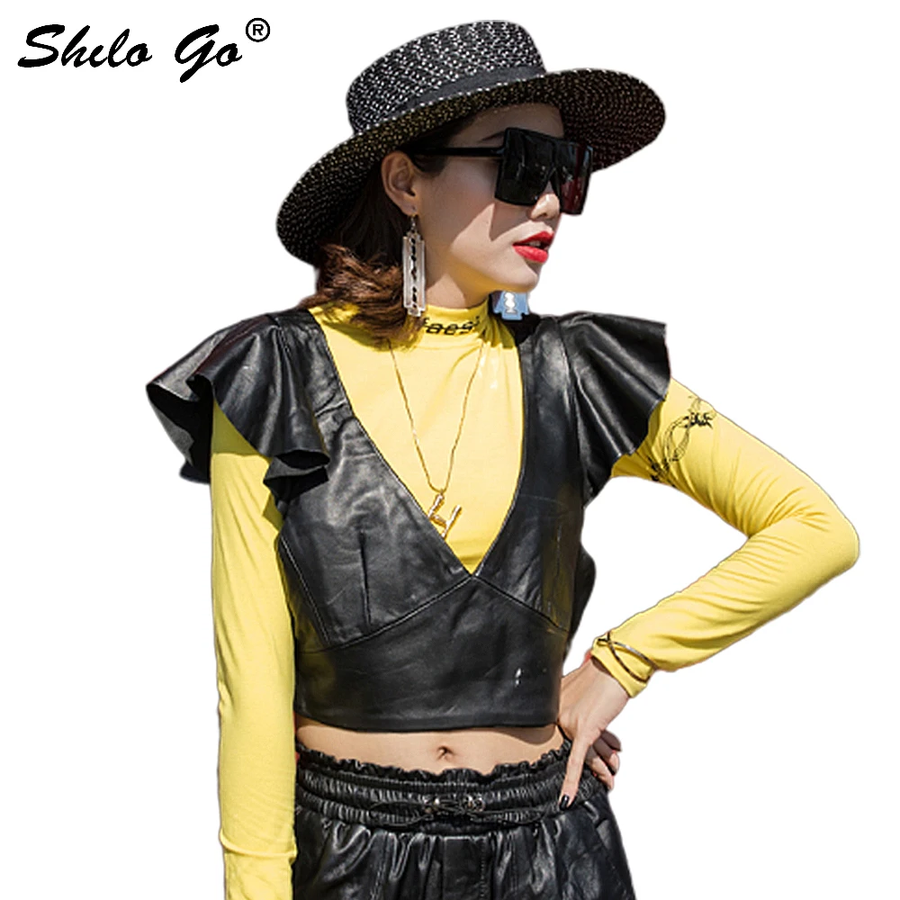 

Sexy Backless Leather Vest Women Summer Streetwear Deep V Neck Ruffles Sleeveless Asymmetry Sheepskin Genuine Leather Short Vest