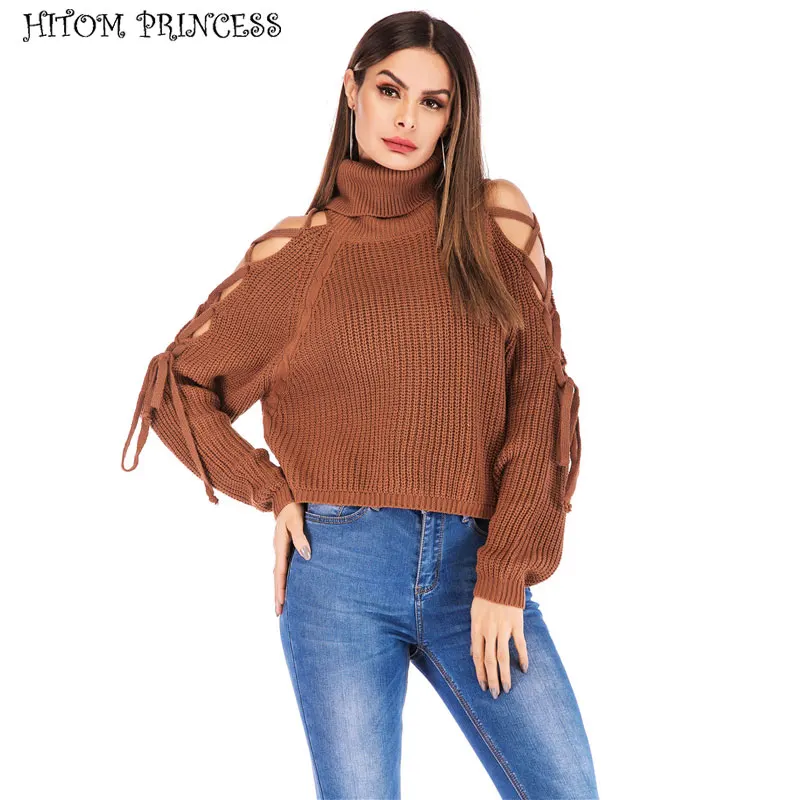

HITOM PRINCESS Turtleneck Sweater Women Pullovers Hollow Out Knitted Sweaters Autumn Lace Up Cold Shoulder Jumper Pull Femme