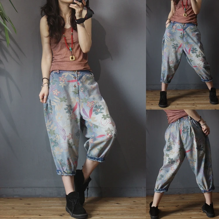 

Summer Women Casual All-match Loose Plus Size Vintage Bleached Floral Print Harem Jeans Calf-length Pants Denim Trousers