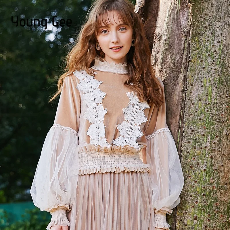 

Young Gee 2019 Spring Women Blouse Shirt Series Round Collar Lace-up Ladylike Velvet Blusas Elastic Waist Tops feminina camisa
