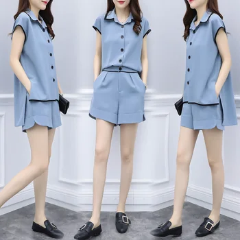 

women Two Piece Set Casual Cotton Tops + Short Soild Female Office Plus Size Suit Set Short Sleeve Sets Women's Summer Suit