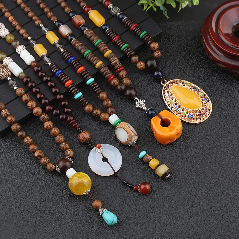 

Vintage Ethnic Triangle Nepal Buddhist Mala Necklace Wood Beads Statement Necklaces Buddha Pendants Necklace Women men