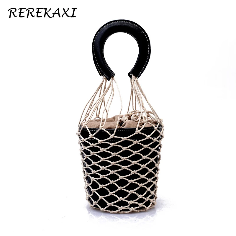 

REREKAXI Fashion Hollow Net Bag Women's Handbag Female PU Cylindrical Bucket Bags Travel Shopping Lady's Beach Bag Totes