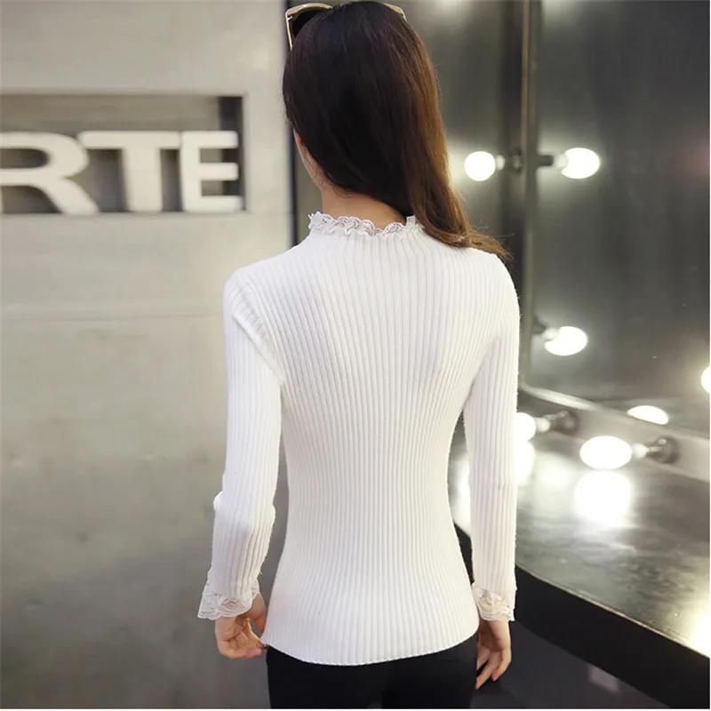 Casaul Long Sleeve Lace Turtleneck Pullover Lady Slim Top Women Solid Sweater Vintage Black White Female Jumper Plus Size