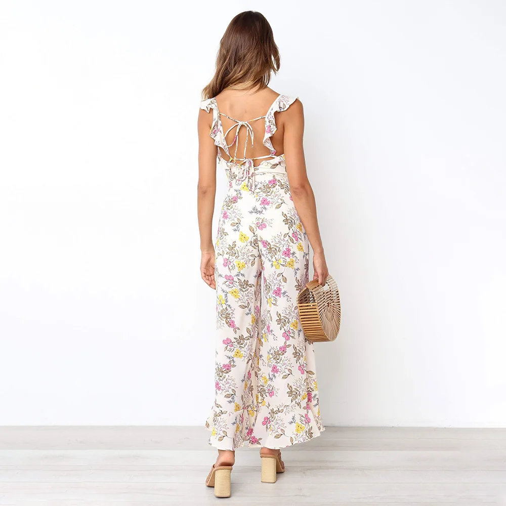 Spring Floral Print Jumpsuit Women Lace Up Spaghetti Strap Backless Jumper Summer Wide Leg Romper Chiffon Overalls Outfits