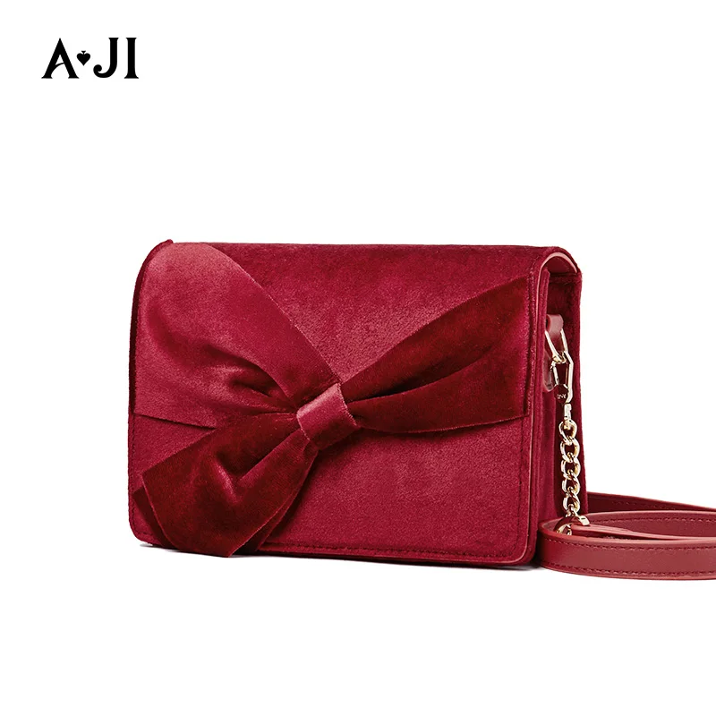 

AJI Noble Velvet One Shoulder Bag Handbag Women Messenger Flap Bag Wine Red Party Show Bow Design A5311