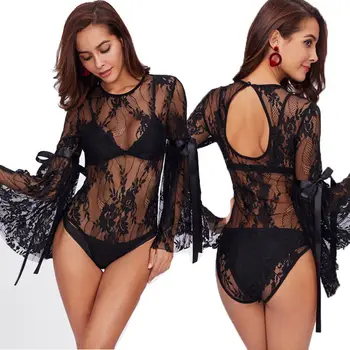 

2018 New Sexy Women Fashion See-through Lace Bodysuit Flare Sleeve Mesh Summer Ladies Bodycon Playsuit