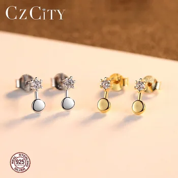 

CZCITY 925 Sterling Silver Round Stud Earrings for Women Dating Party Shiny CZ Double Colors Simple Design Female Fine Jewelry