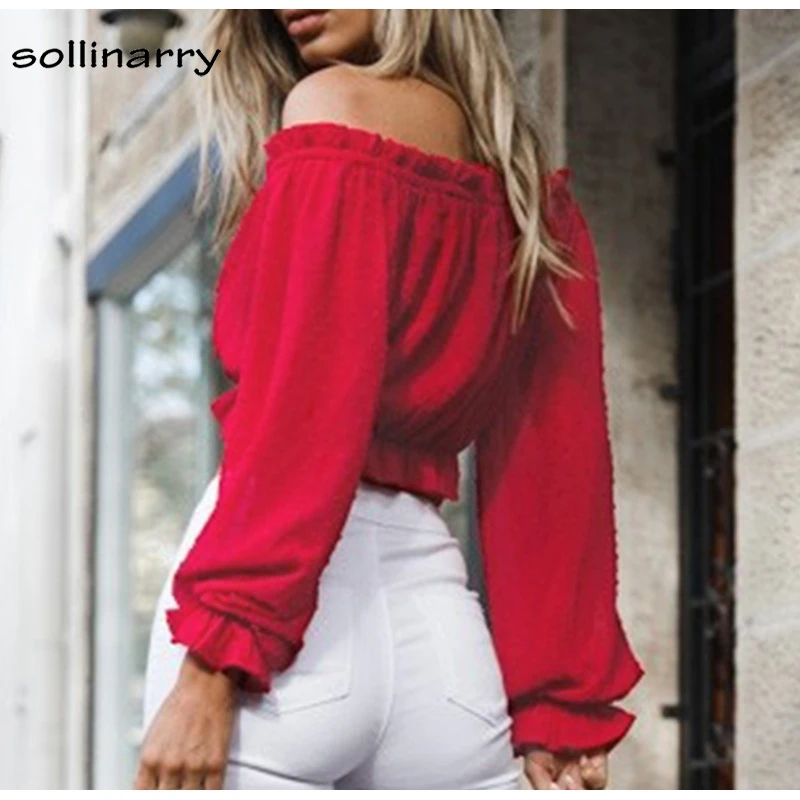 Sollinarry Off Shoulder White Women Blouse Shirt Solid Long Sleeve Short Blouse High Street See Through Club Sexy Crop Top Blouses