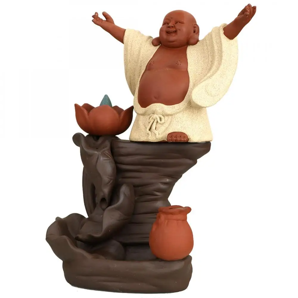 

Happy Maitreya Buddha Incense Burner Backlow Zen Waterfall Aromatherapy Furnace Buddhist Ornament Joss Stick Holder Home Decor