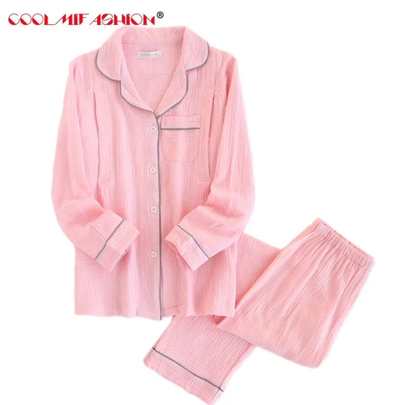 CooLMiFashion Solid pajama sets for women long sleeve Spring cotton