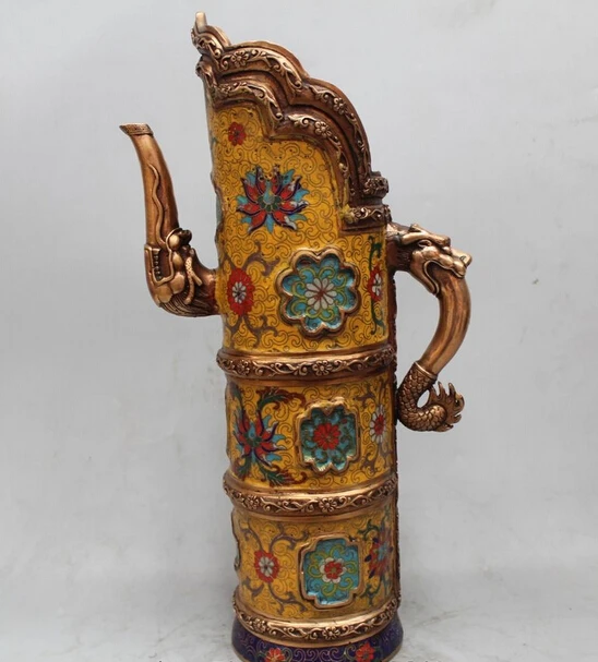 

wholesale factory 16" Marked Chinese Cloisonne Purple Bronze Dragon Handle Flower Wine Tea Pot Fla