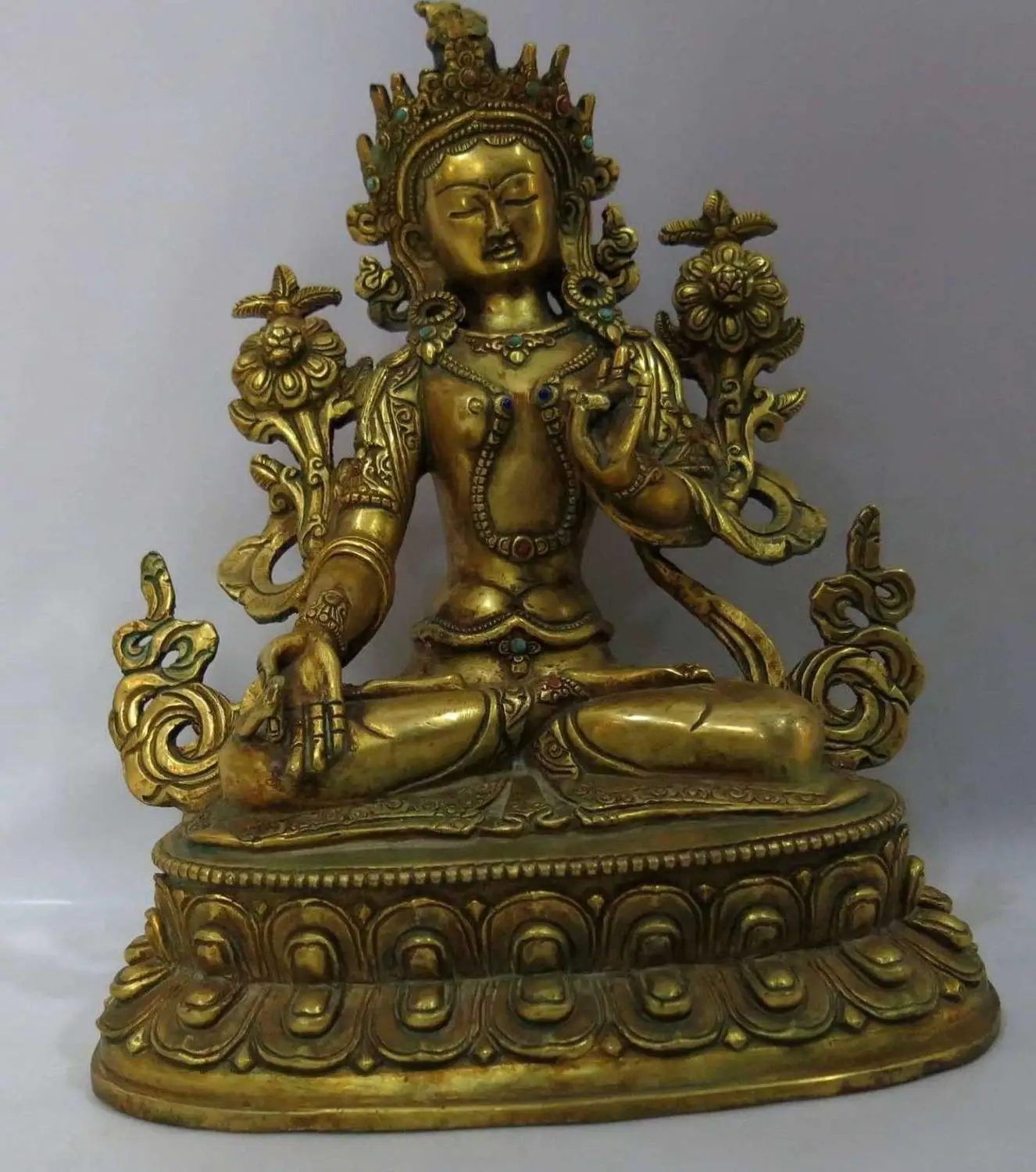 

9" China gilt bronze figure buddhism fine White Tara Guanyin Sculpture Statue